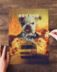 Personalized "Barking Bad" pet puzzle featuring a dog portrait in a fiery scene, with hands assembling it.