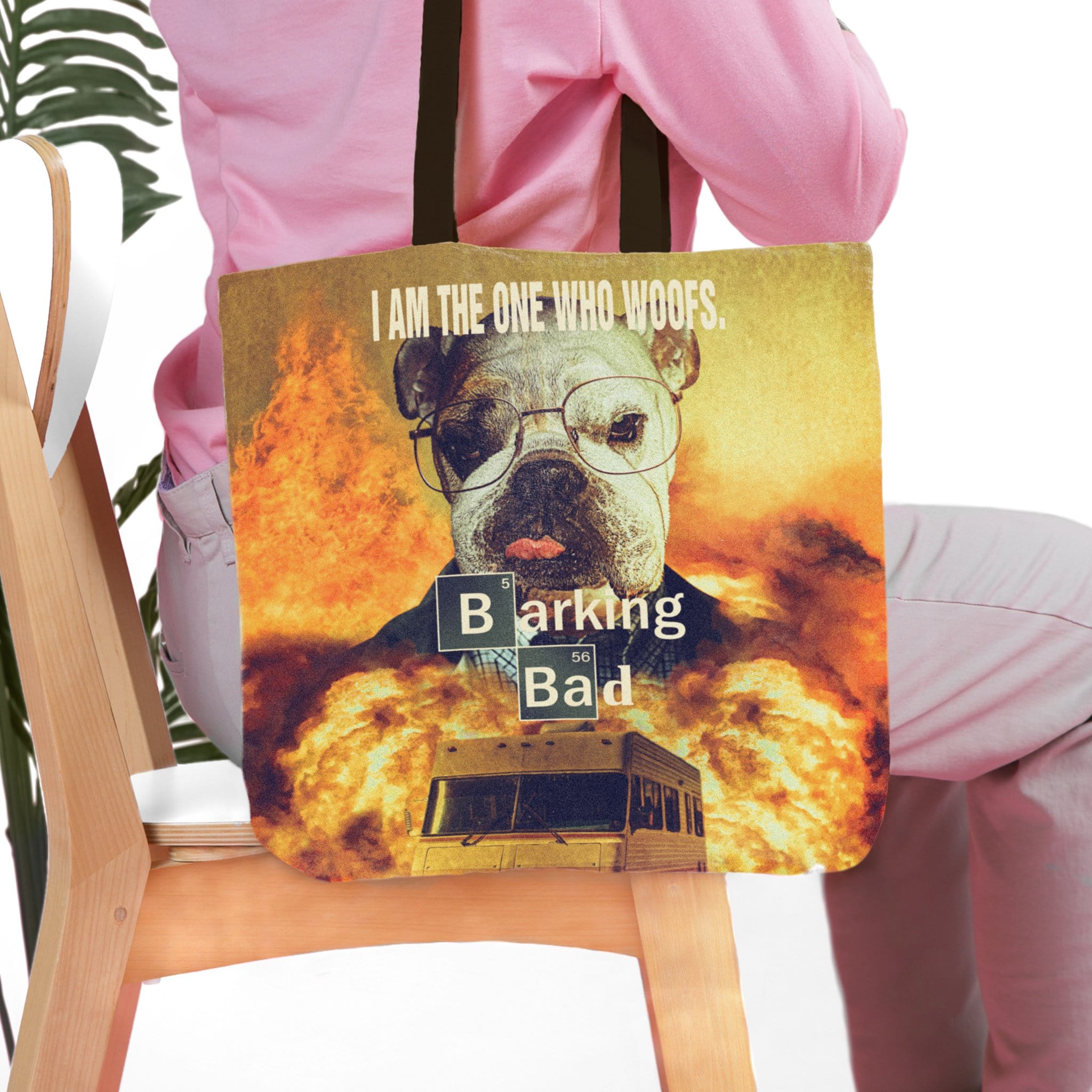 Personalized 'Barking Bad' tote bag with a custom dog portrait in a cartoon style.