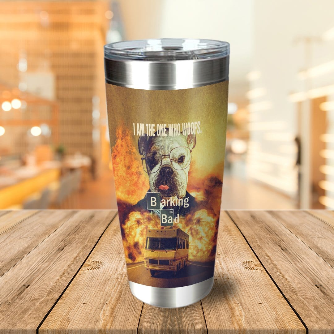 Personalized stainless steel tumbler with a custom dog portrait in a "Barking Bad" style, featuring explosions and a RV.