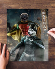 Personalized Bat Dog & Robin 2 pet puzzle featuring a pug as Robin and a husky as Batman.