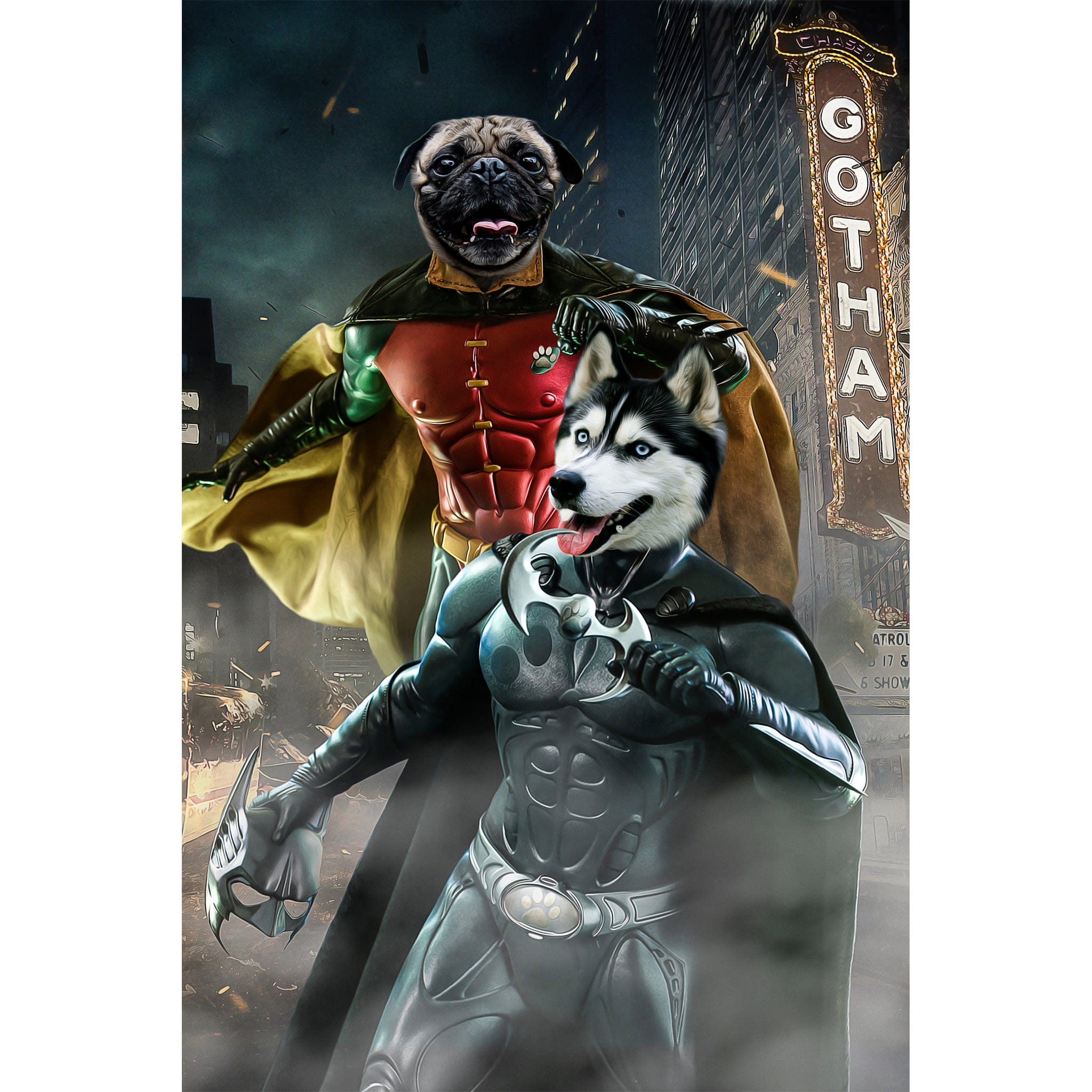 Custom digital portrait of a pug as Robin and a husky as Batman in Gotham City.
