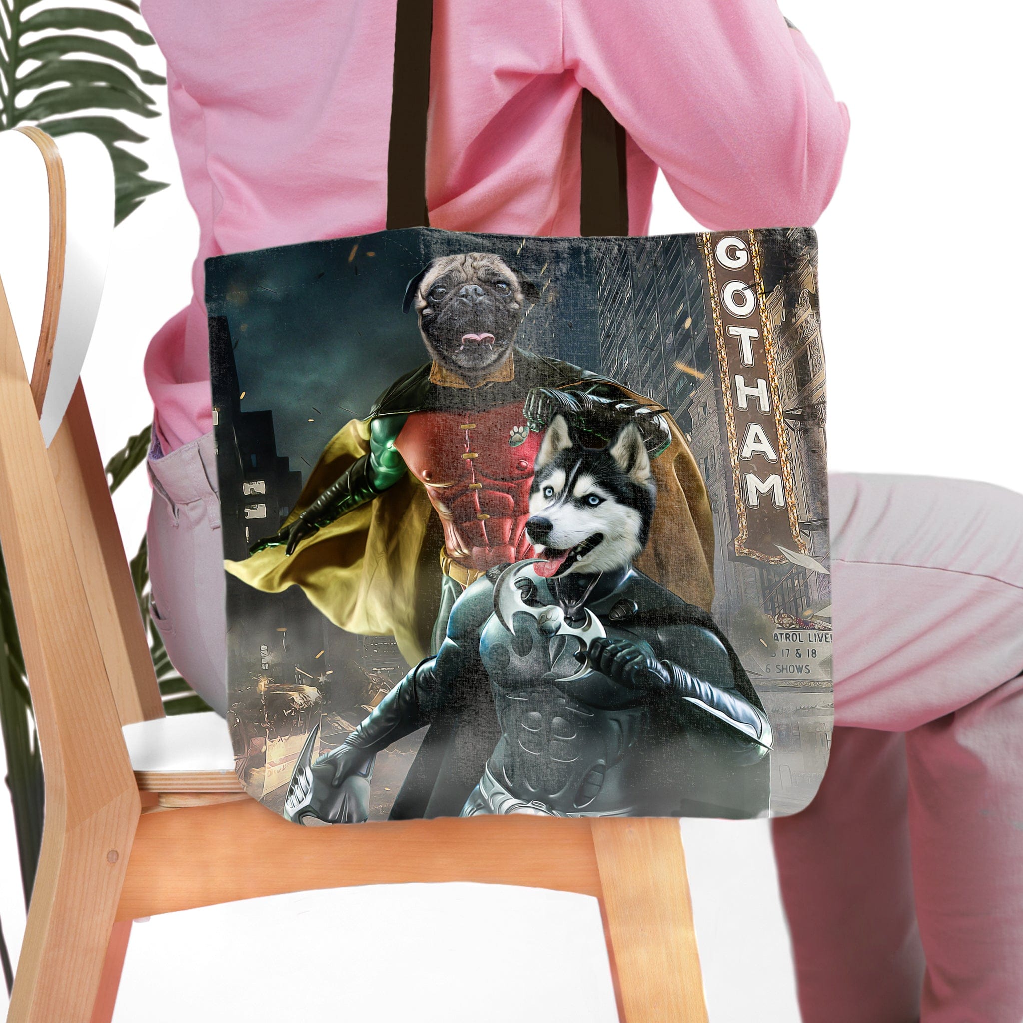 Personalized Bat Dog & Robpaw 2-pet tote bag featuring a pug and husky in superhero costumes.