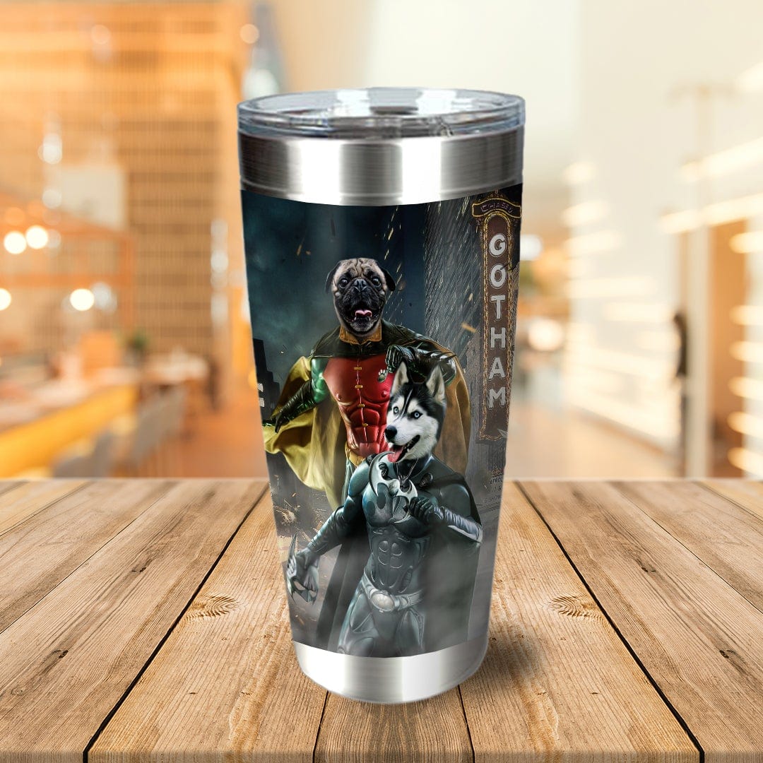 Personalized stainless steel tumbler with custom pet portraits as Bat Dog and Robpaw in Gotham.