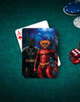 Personalized playing cards featuring two pets as Batdog and Flash Doggo on a green felt table.