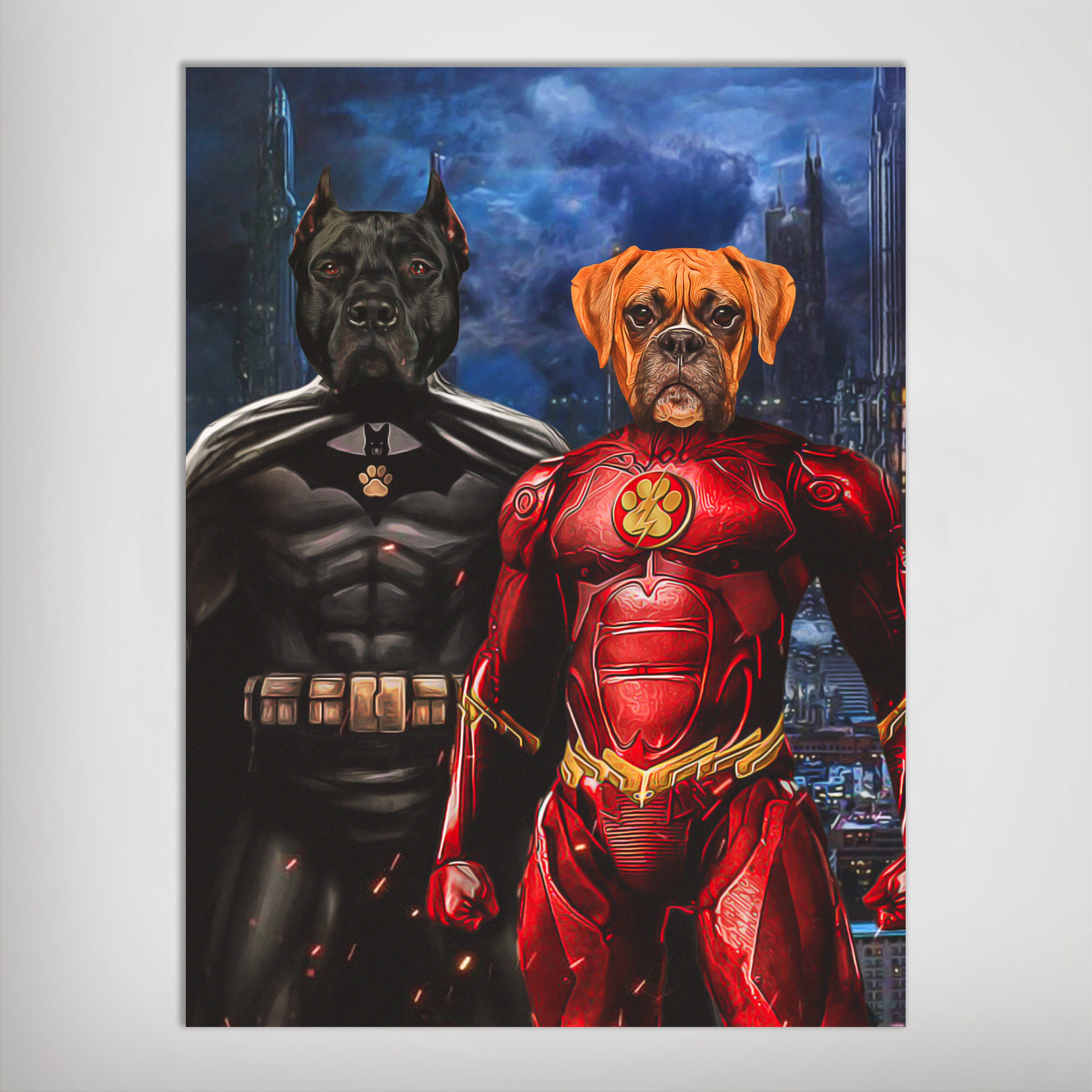 Personalized "Batdog &amp; Flash Doggo" poster featuring two pets as superheroes against a cityscape.