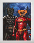 Personalized "Batdog & Flash Doggo" poster featuring two pets as superheroes against a cityscape.