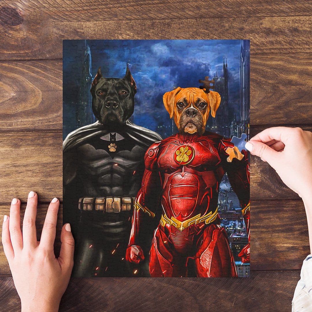 Personalized 2-pet puzzle featuring a black dog as Batdog and a brown dog as Flash Doggo.