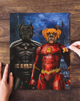 Personalized 2-pet puzzle featuring a black dog as Batdog and a brown dog as Flash Doggo.
