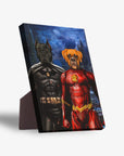 Personalized Batdog & Flash Doggo 2-pet standing canvas with a black dog as Batman and a brown dog as The Flash.