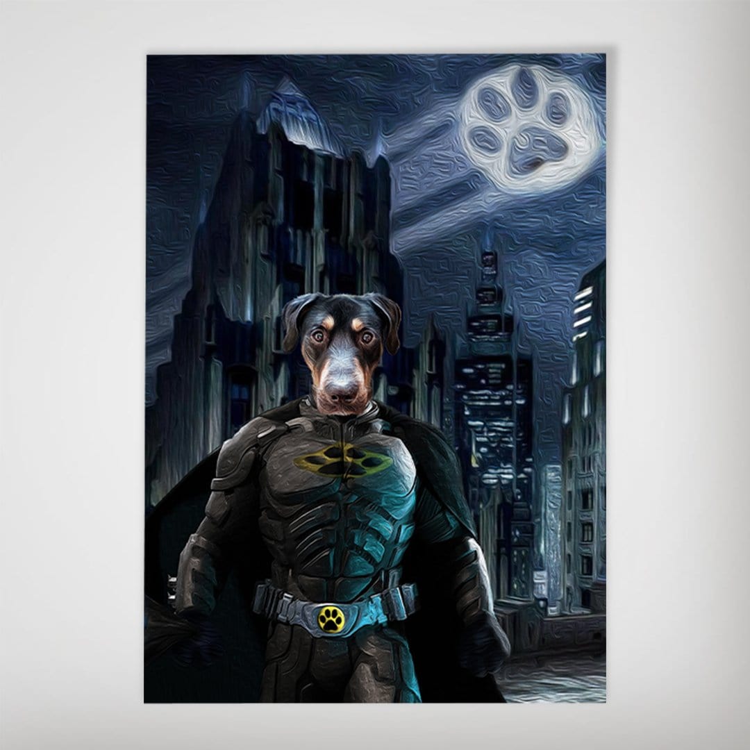 Personalized 'Batdog' poster featuring a black and tan dog in a dark superhero suit against a city skyline and paw print moon.