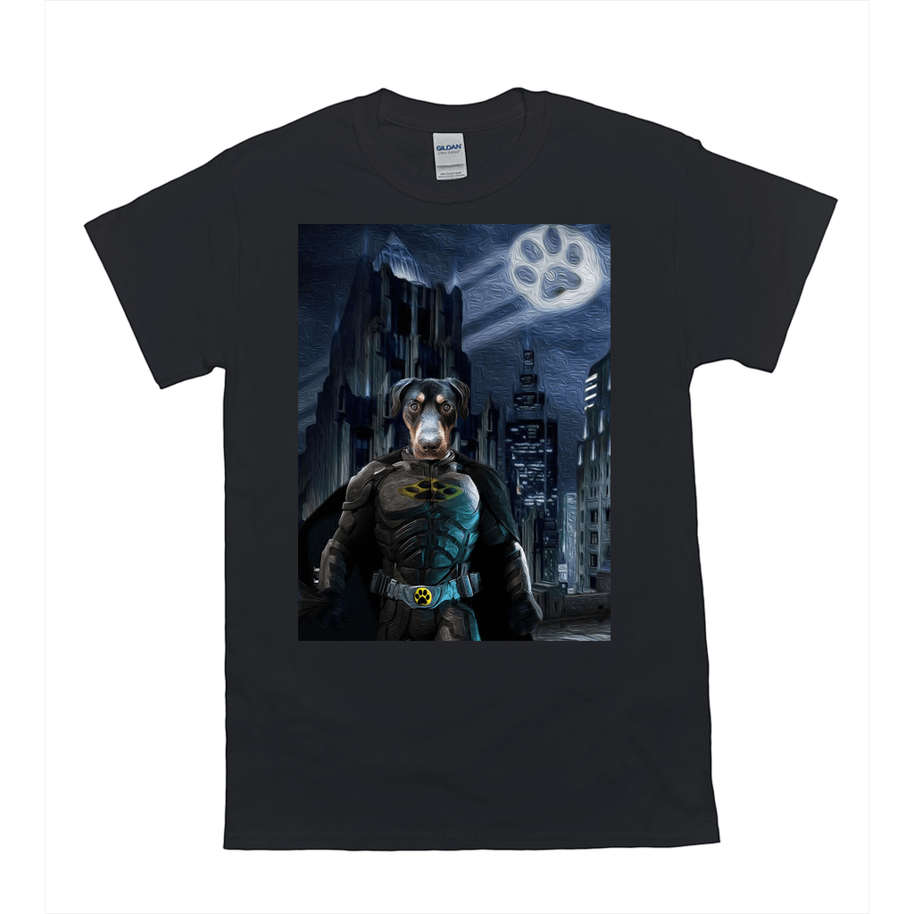 Black Gildan t-shirt with a personalized "Batdog" design featuring a dog in a superhero costume.