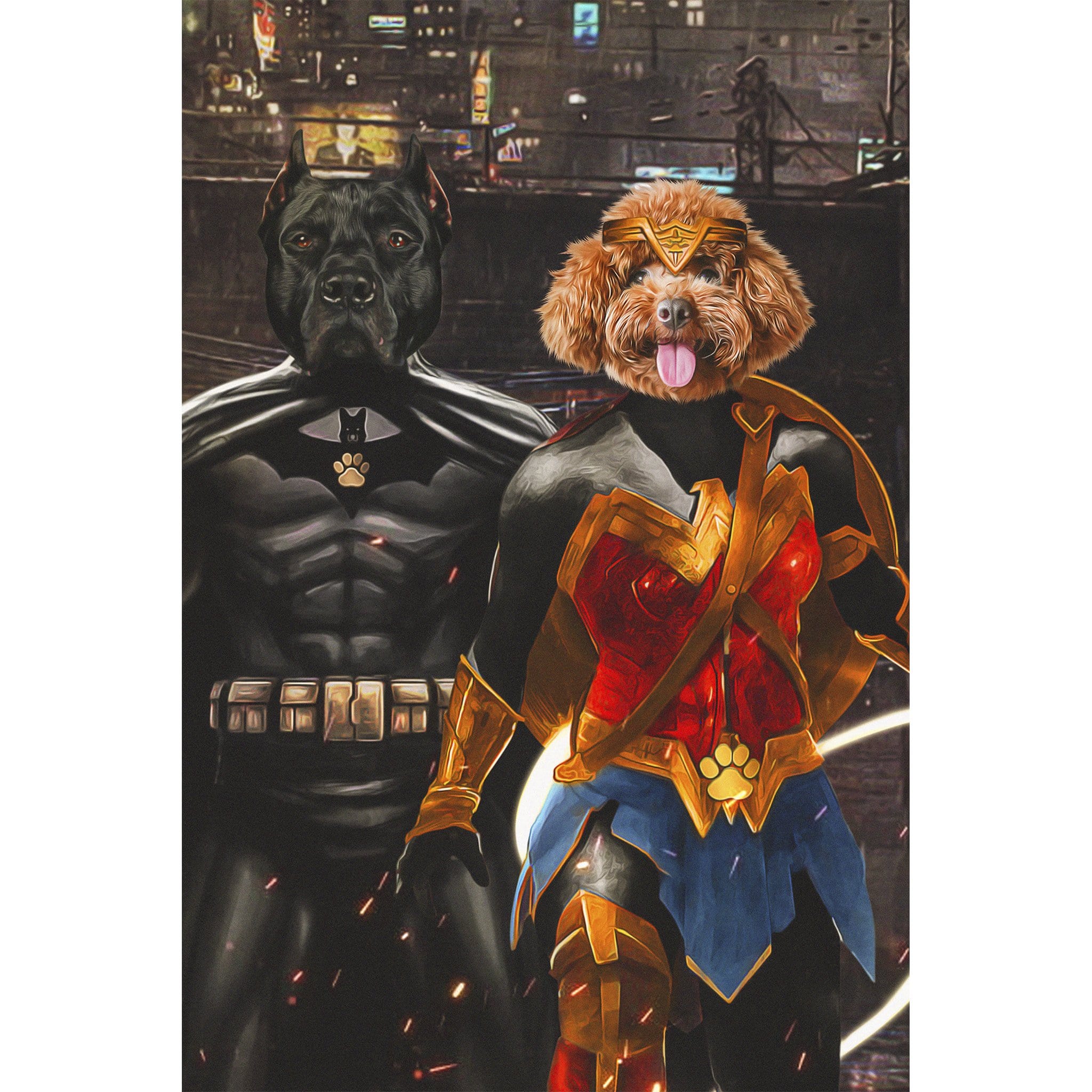 Custom digital portrait of two dogs dressed as Batdog and Wonder Doggette superheroes.