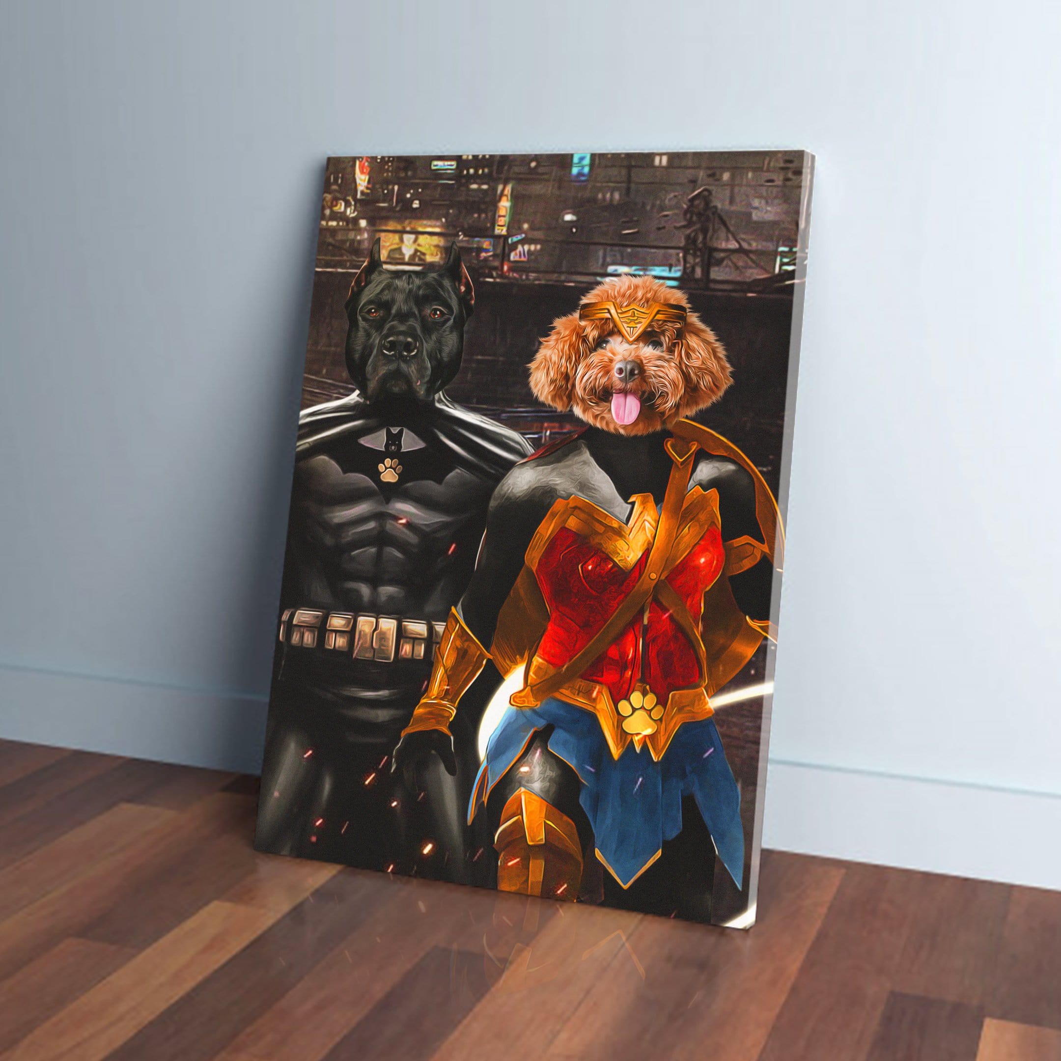 Personalized canvas of a black dog as Batdog and a brown poodle as Wonder Doggette.