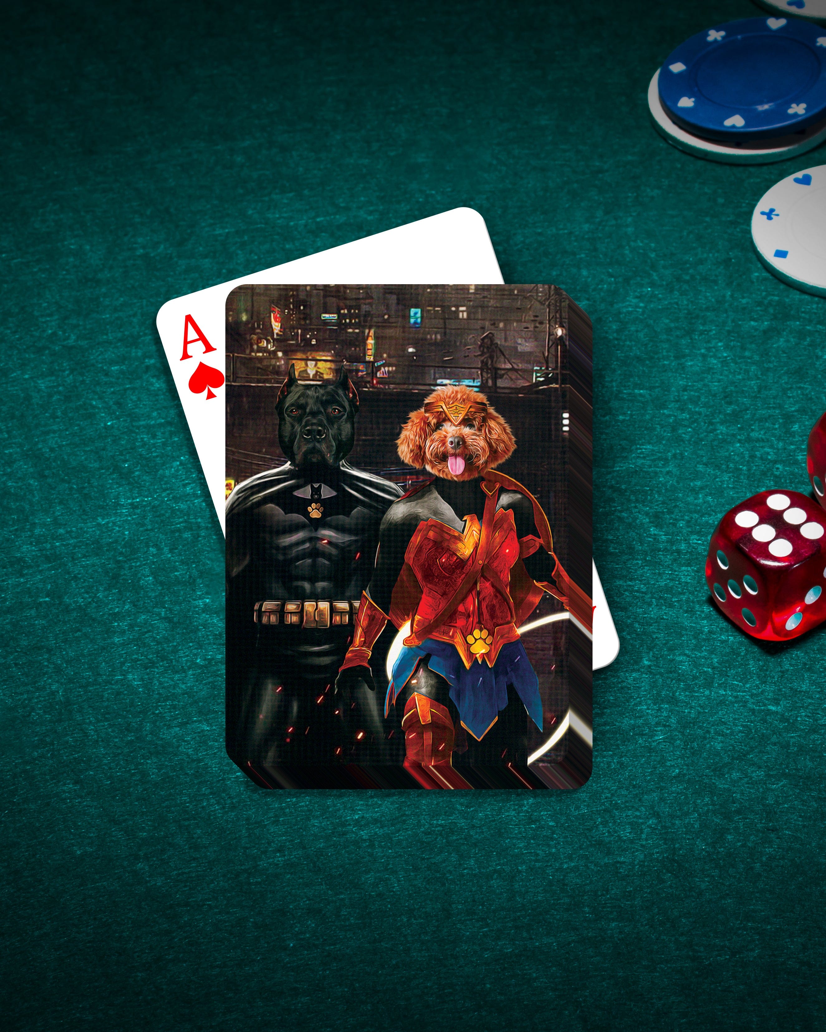 Personalized playing card featuring two dogs dressed as Batdog and Wonder Doggette on a green poker table.