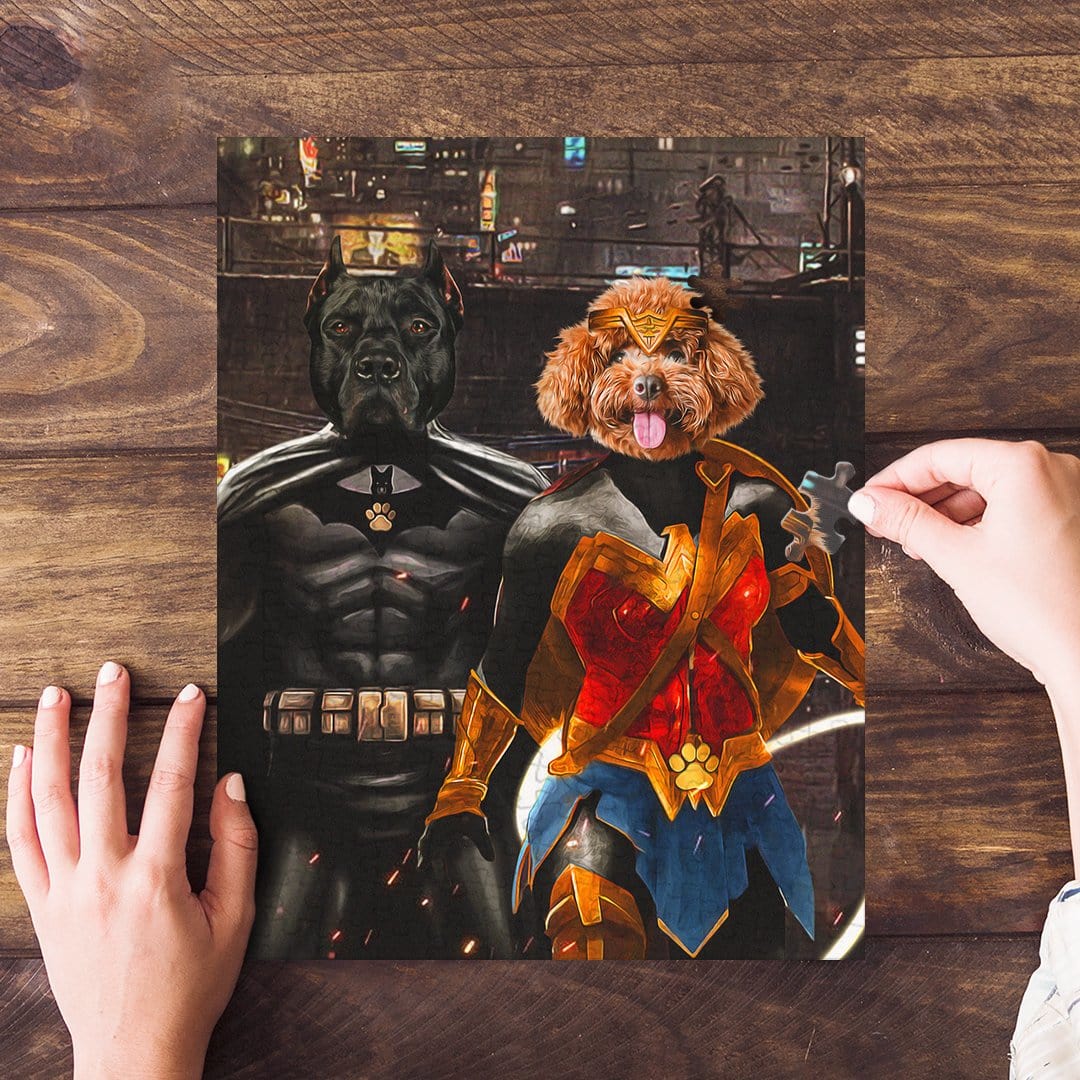 Personalized 2-pet puzzle featuring a black dog as Batdog and a brown poodle as Wonder Doggette.