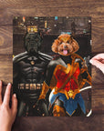 Personalized 2-pet puzzle featuring a black dog as Batdog and a brown poodle as Wonder Doggette.