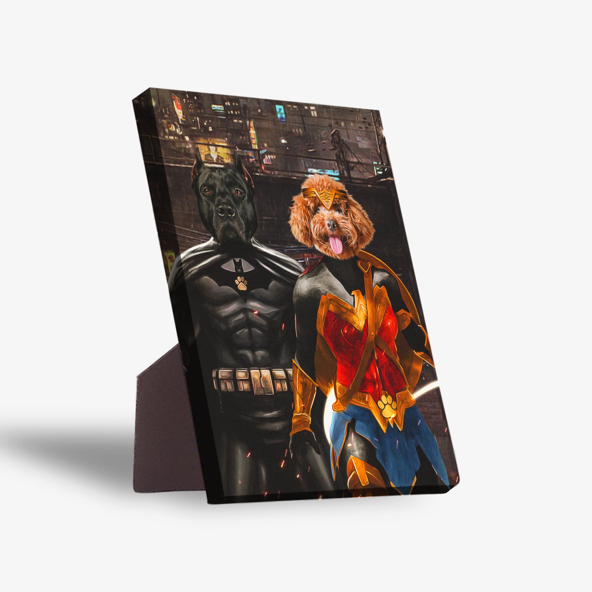 Personalized standing canvas featuring a black dog as Batdog and a brown dog as Wonder Doggette against a city background.