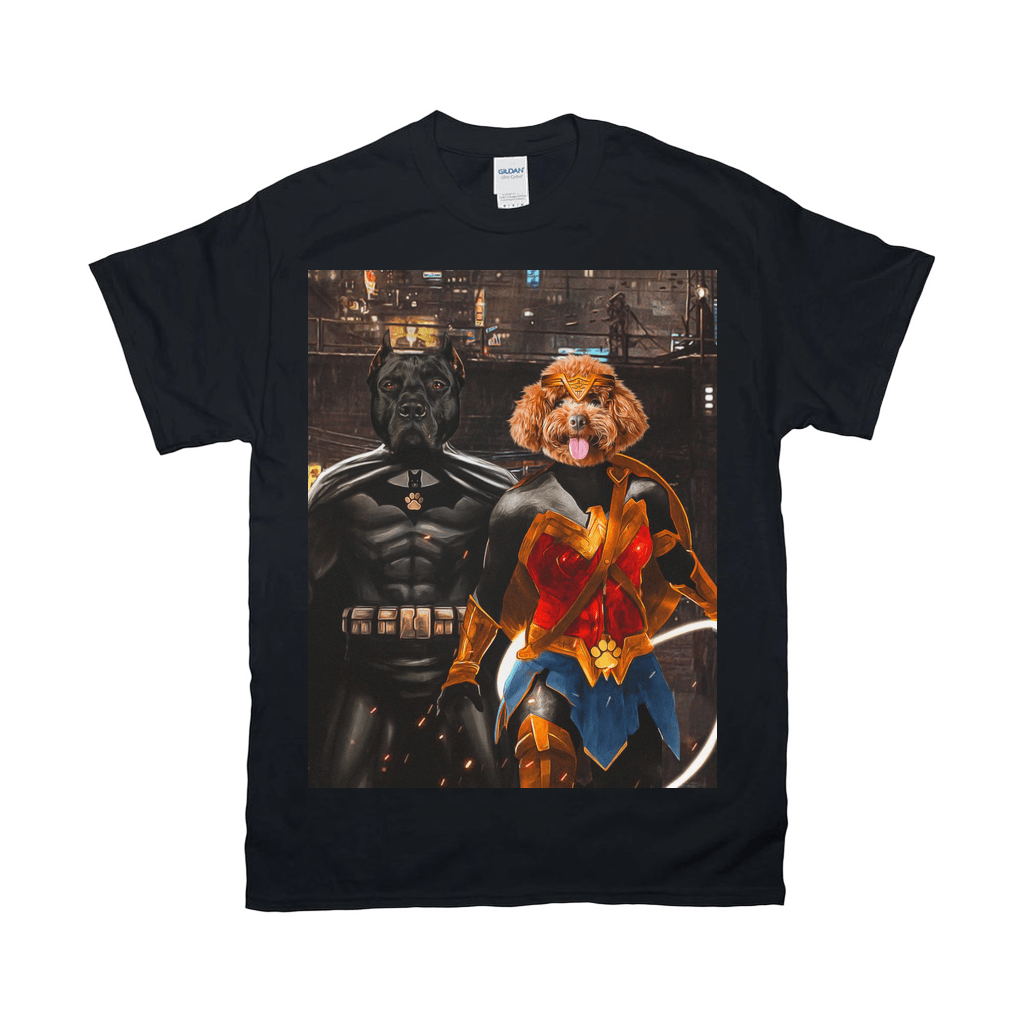 Black Gildan t-shirt featuring a personalized design of a black dog as Batdog and a brown dog as Wonder Doggette.