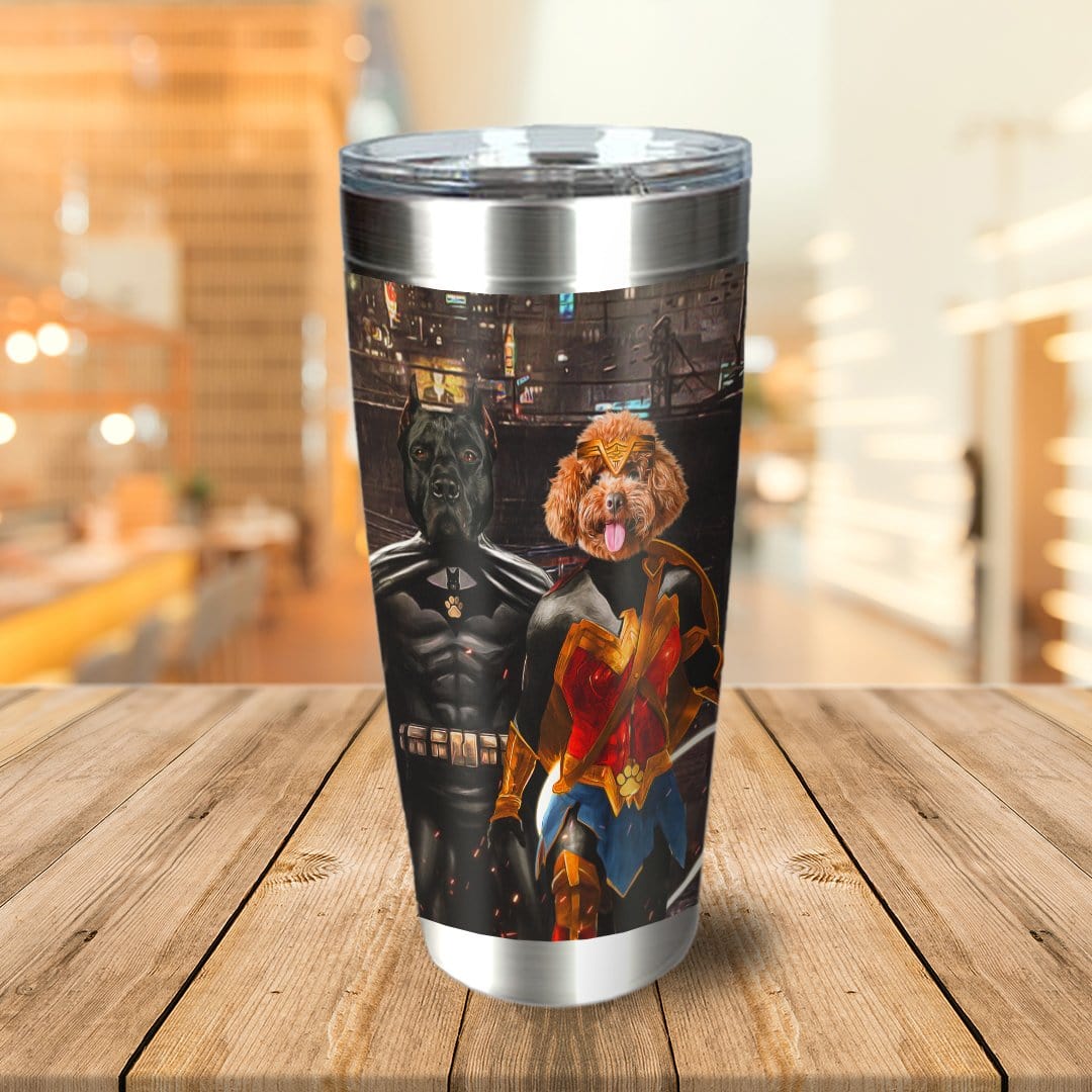 Personalized stainless steel tumbler with two custom pet portraits as Batdog and Wonder Doggette.