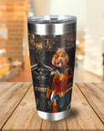 Personalized stainless steel tumbler with two custom pet portraits as Batdog and Wonder Doggette.