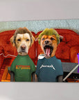 Custom 'Beavis and Buttsniffer' pet canvas featuring two dogs in rock band shirts on a red couch.