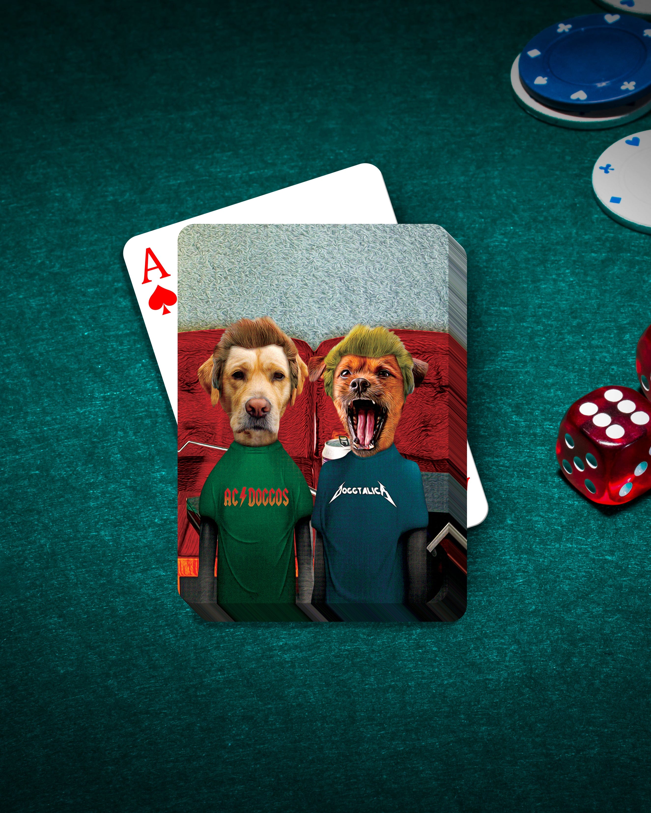 Personalized playing cards featuring two custom pet portraits in a "Beavis and Buttsniffer" cartoon style.