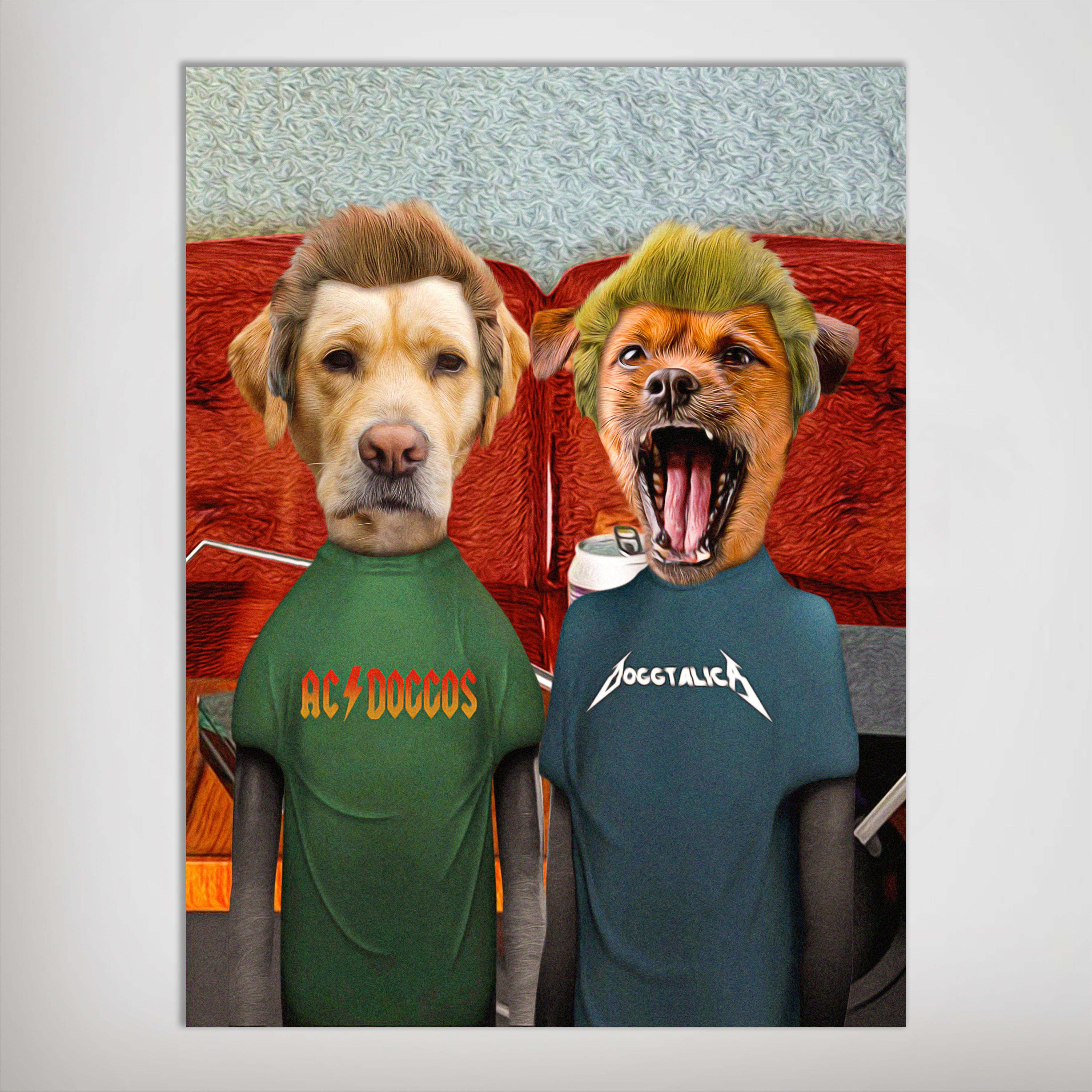 Personalized Beavis and Buttsniffer 2 pet poster featuring dogs in AC/DOCCUS and DOGGTALICA shirts.