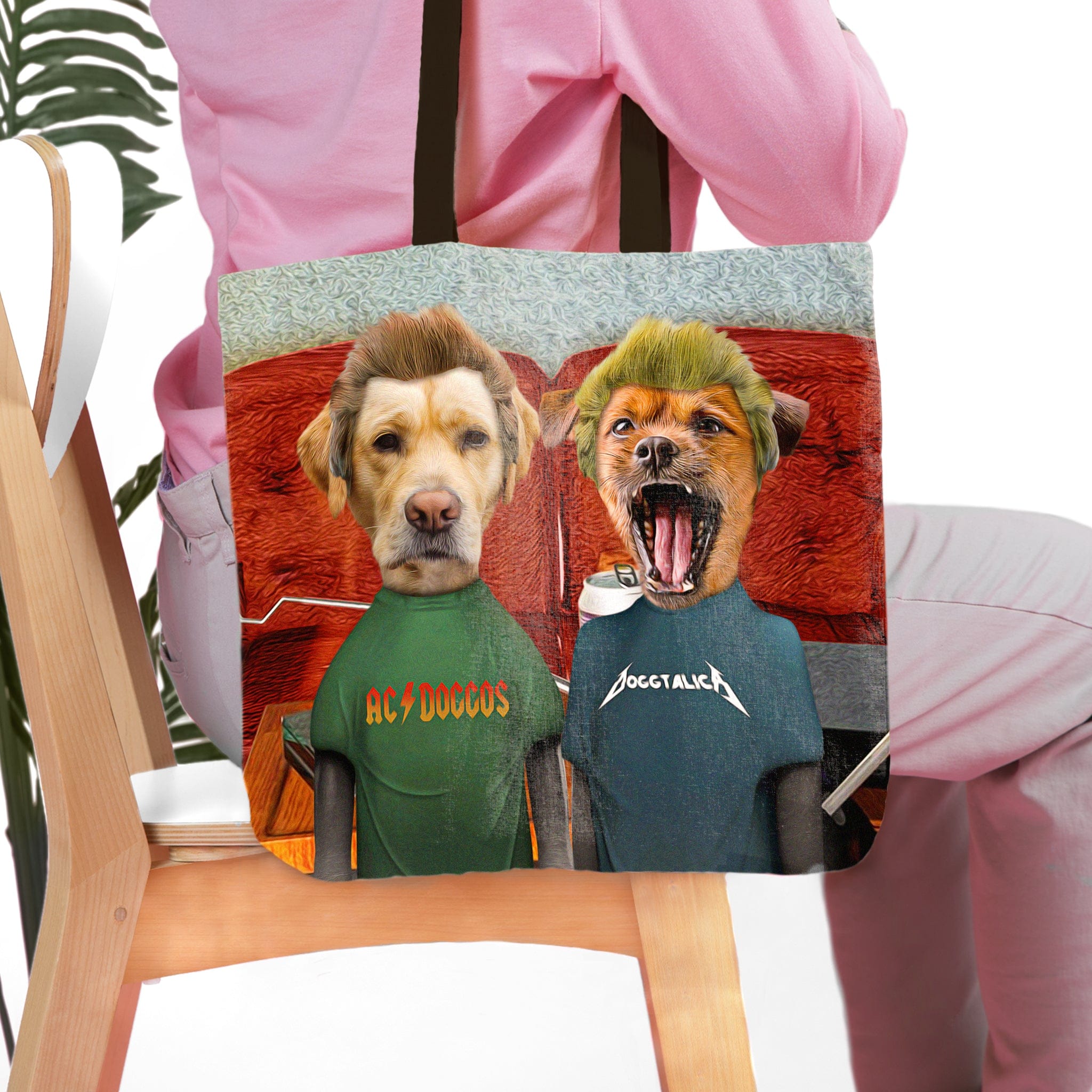 Personalized 2 pet tote bag featuring dogs in "Beavis and Buttsniffer" cartoon style.