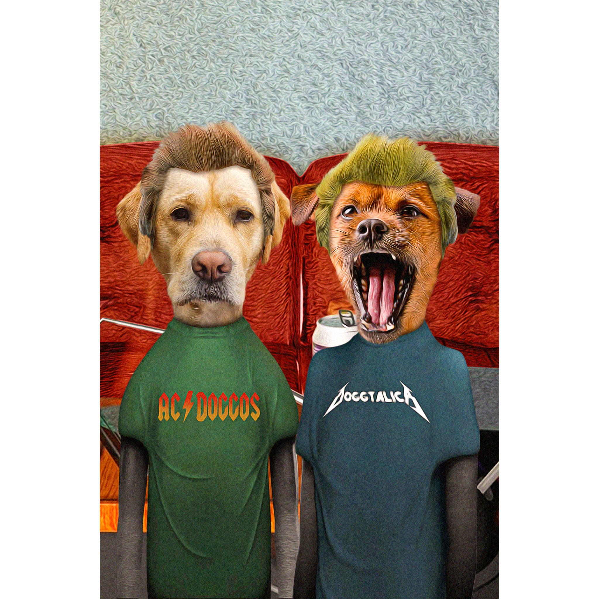 Custom digital portrait of two dogs as Beavis and Buttsniffers, wearing band t-shirts.