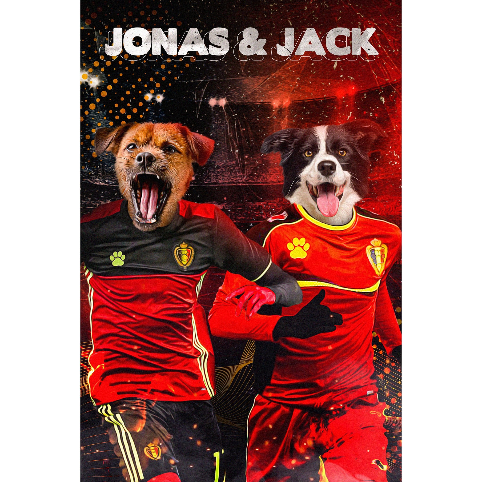 Personalized digital portrait of two dogs in red Belgium soccer jerseys.