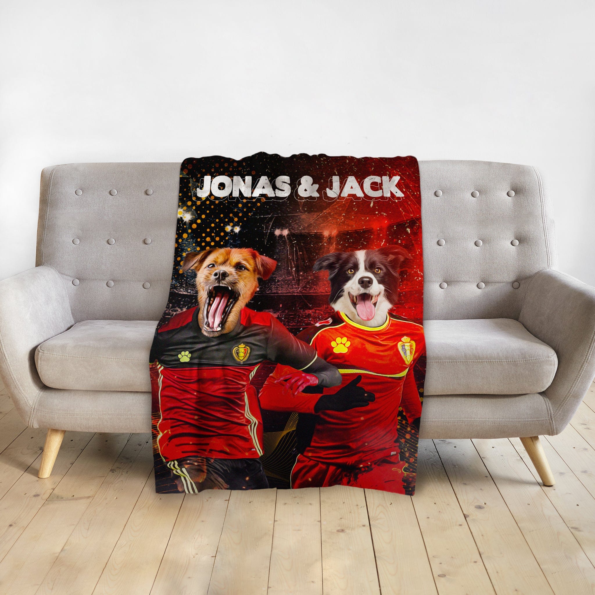 Personalized custom blanket with two dogs in Belgium soccer jerseys, "JONAS & JACK" text.