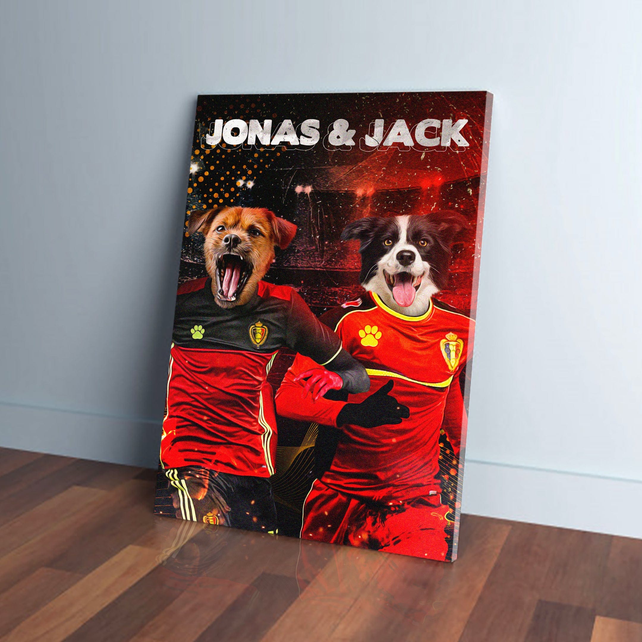 Personalized 'Belgium Doggos' canvas featuring two pets in red soccer jerseys, named Jonas & Jack.