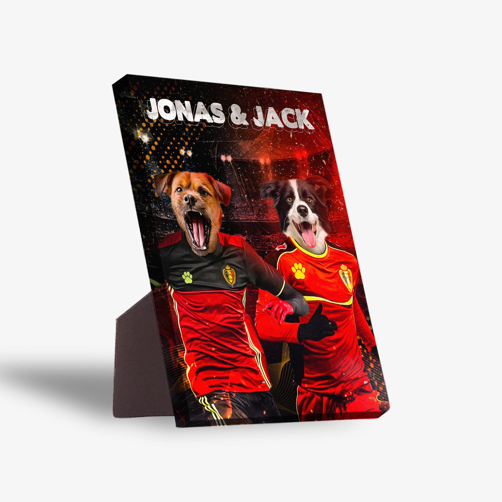 Personalized 'Belgium Doggos' standing canvas featuring two pets in red soccer jerseys, named Jonas & Jack.