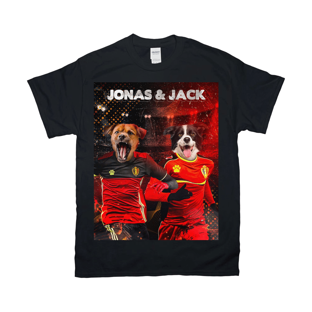 Black Gildan t-shirt featuring two dogs in personalized Belgium soccer jerseys with "JONAS & JACK" text.