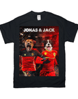 Black Gildan t-shirt featuring two dogs in personalized Belgium soccer jerseys with "JONAS & JACK" text.