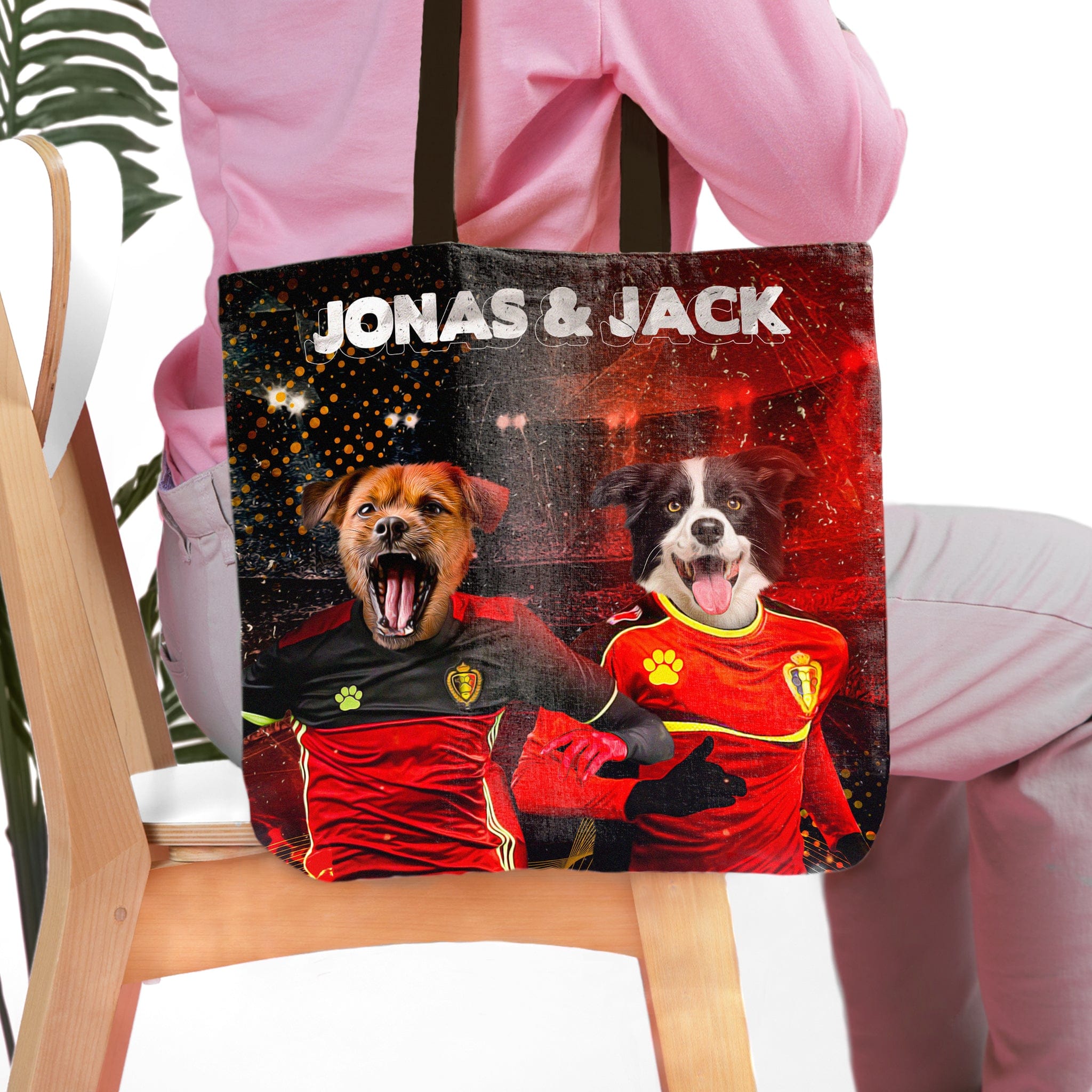 Personalized two-pet tote bag featuring custom dog portraits in Belgium soccer uniforms.