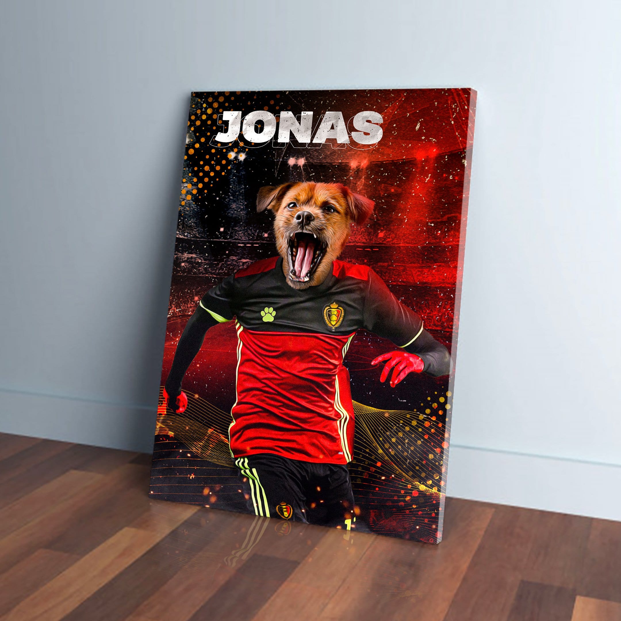 Personalized pet canvas featuring a dog's head on a Belgian soccer player's body, named 'JONAS'.