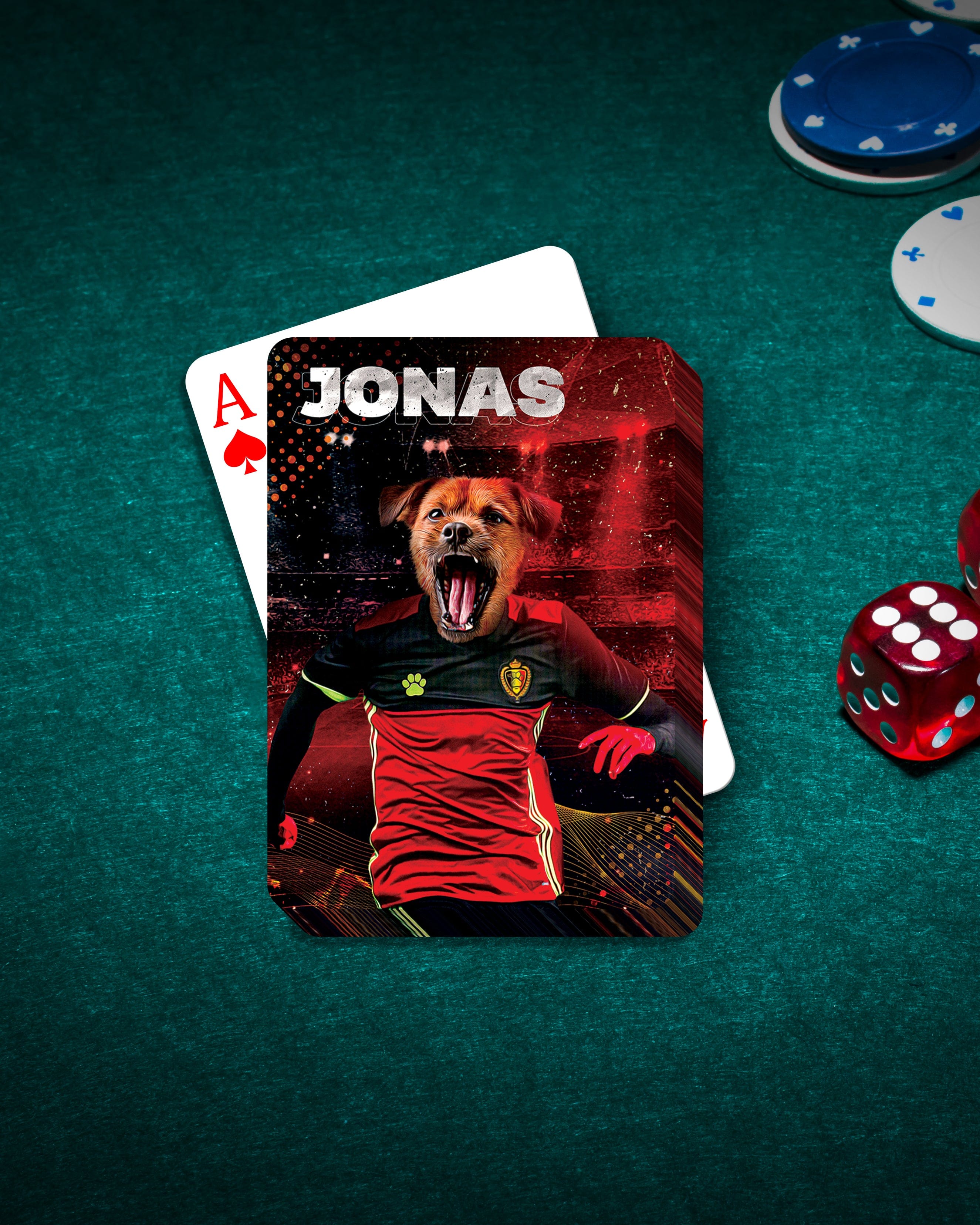 Custom pet portrait playing card featuring a dog in a Belgium soccer jersey, "JONAS" text, on a green felt table.