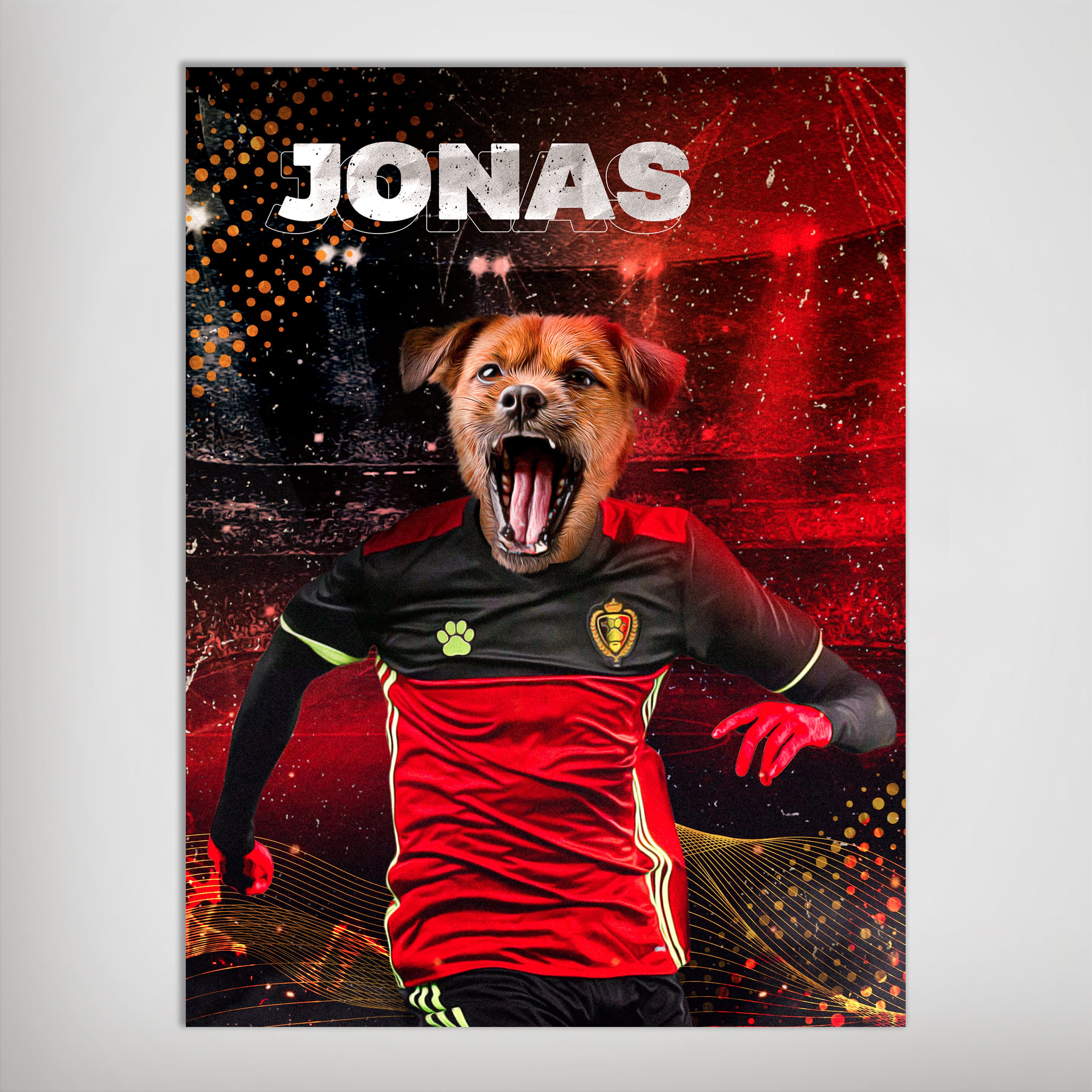 Personalized pet poster featuring a dog's head on a Belgium soccer player's body, red and black kit, "JONAS" text.