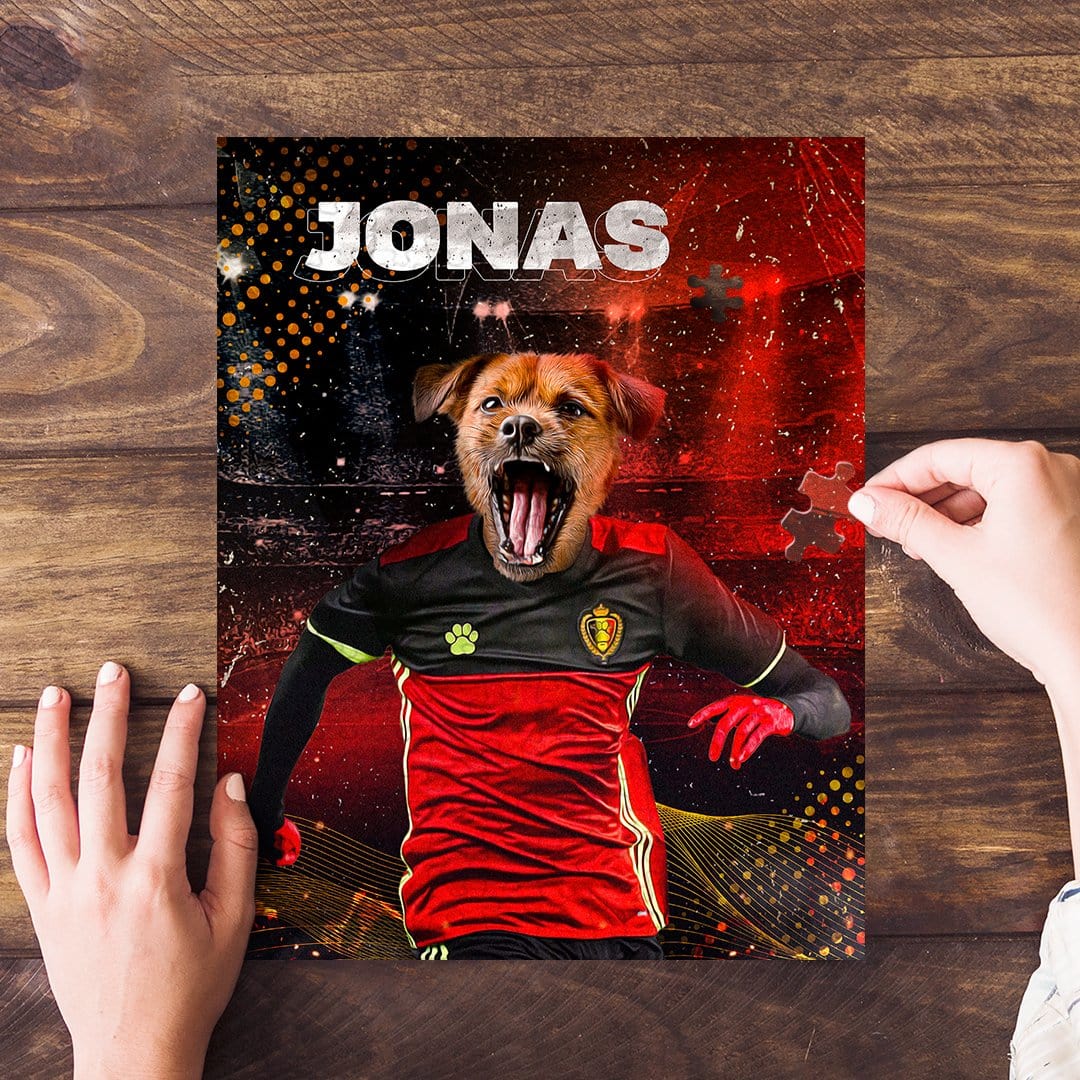 Custom pet puzzle featuring a dog in a red and black Belgium soccer jersey, with the name "JONAS".