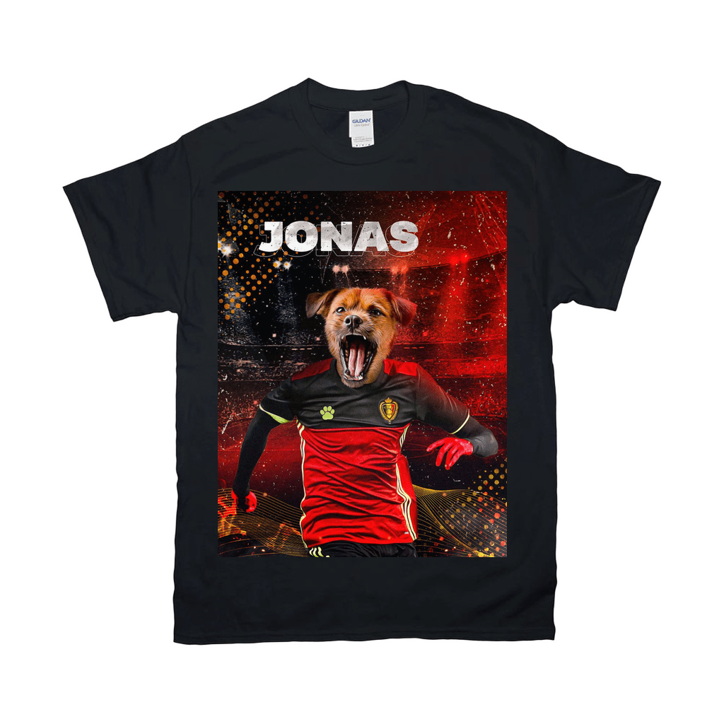 Black Gildan t-shirt with a personalized design featuring a dog's head on a soccer player's body.