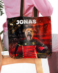 Personalized Belgium Doggos Soccer tote bag with a custom pet portrait of a dog in a football jersey.