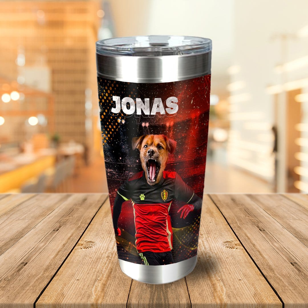 Personalized stainless steel tumbler with a dog in a Belgium soccer jersey and "JONAS" text.
