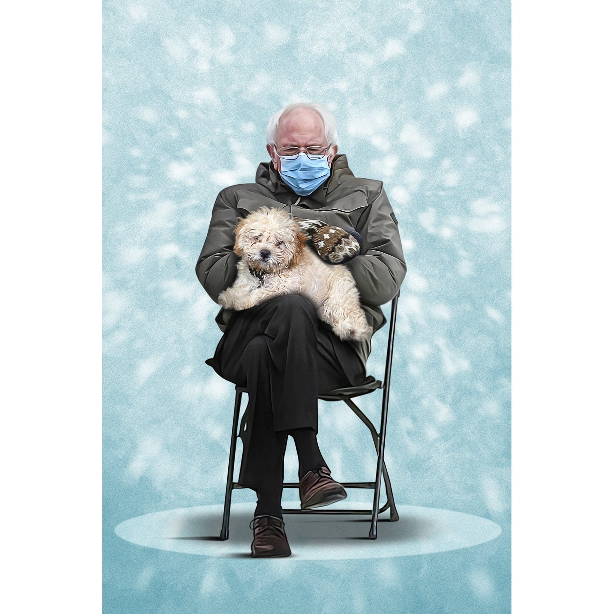 Personalized digital portrait of a pet dog with a man in a mask and mittens.