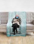 Personalized blanket featuring a custom portrait of Bernie Sanders holding a fluffy dog.