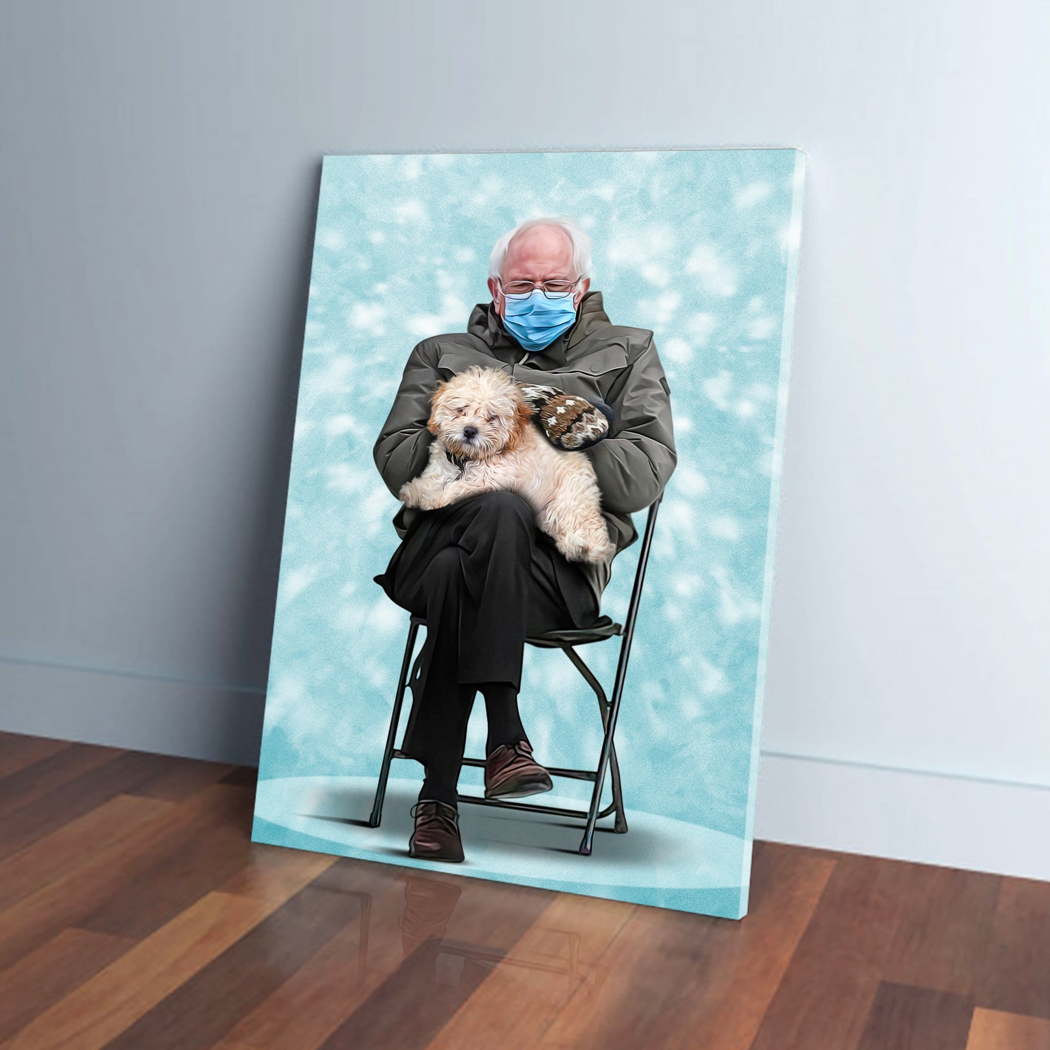 Personalized canvas of Bernie Sanders in a mask and mittens, holding a fluffy dog, on a light blue background.