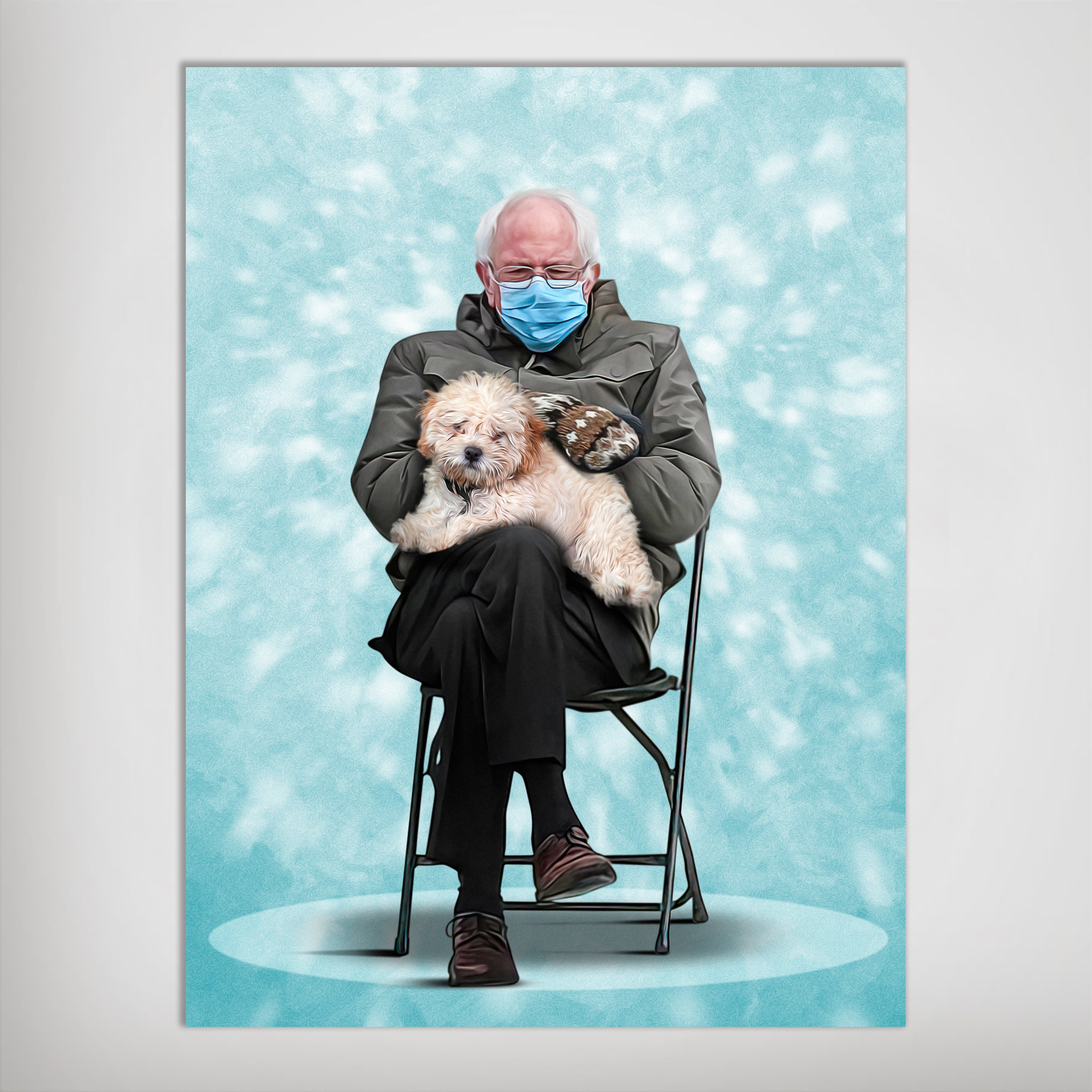 Personalized poster featuring a man in a mask and mittens holding a fluffy dog, against a light blue background.