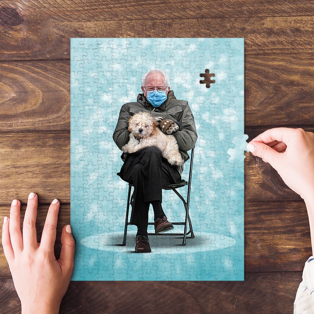 Personalized puzzle featuring a man in a mask holding a dog, with a light blue background.