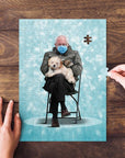 Personalized puzzle featuring a man in a mask holding a dog, with a light blue background.