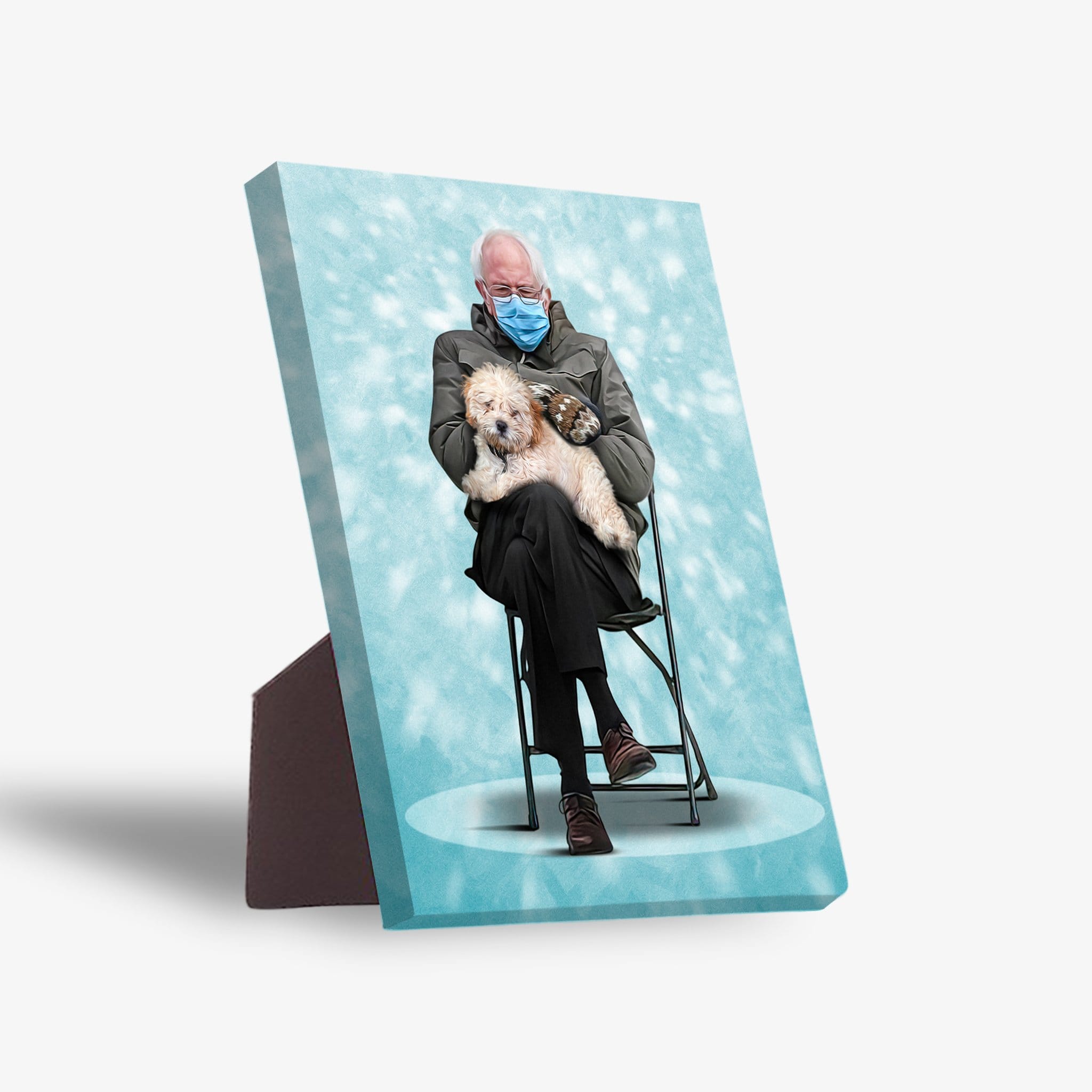 Personalized standing canvas featuring a man in a mask holding a fluffy dog, on a light blue background with a sturdy stand.